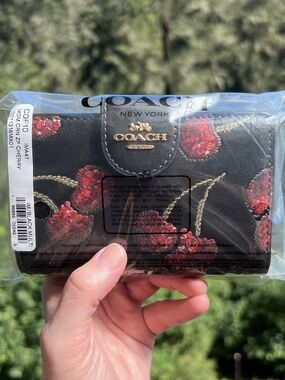 COACH Medium Black Leather Wallet w Red Sequin Cherry Print & Gold Hardware NWT
